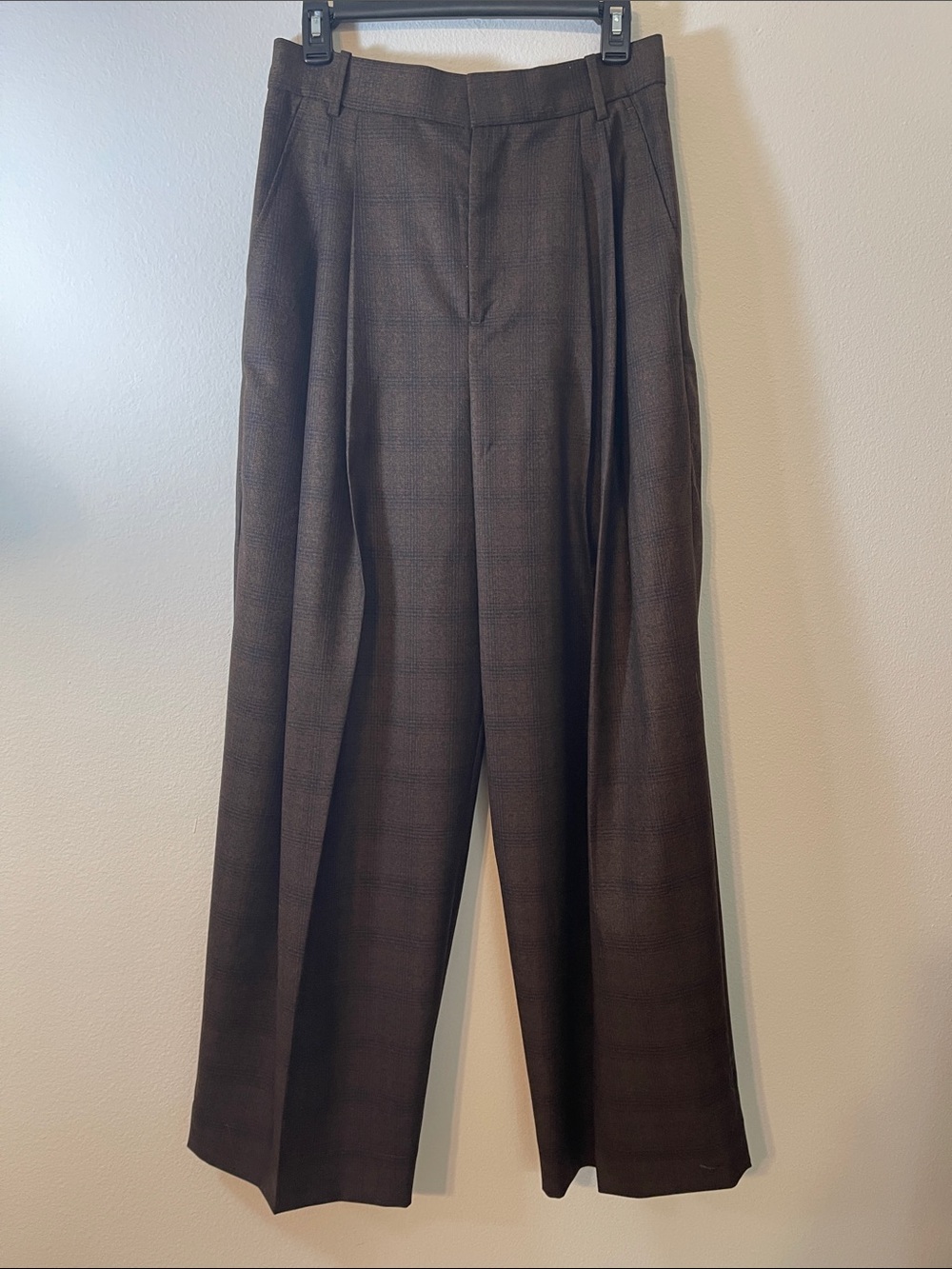 NWOT Banana Republic Wool Brown Plaid Double Pleat Wide-Leg Pants - Picture 6 of 16